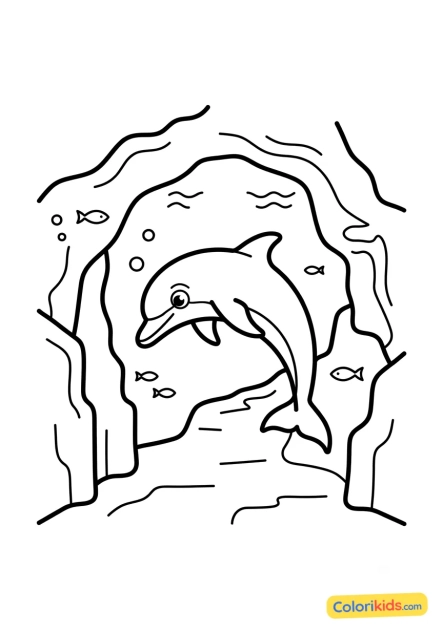 Dibujo para colorear para imprimir: delfín explorando una cueva submarina