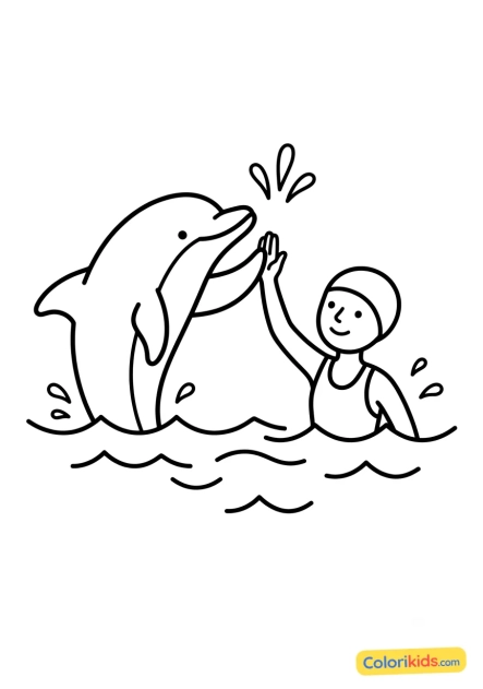 Ausmalbild zum Ausdrucken: delfin klatscht mit einem Schwimmer ab