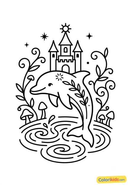 Dibujo para colorear para imprimir: delfín en un mundo mágico e imaginario