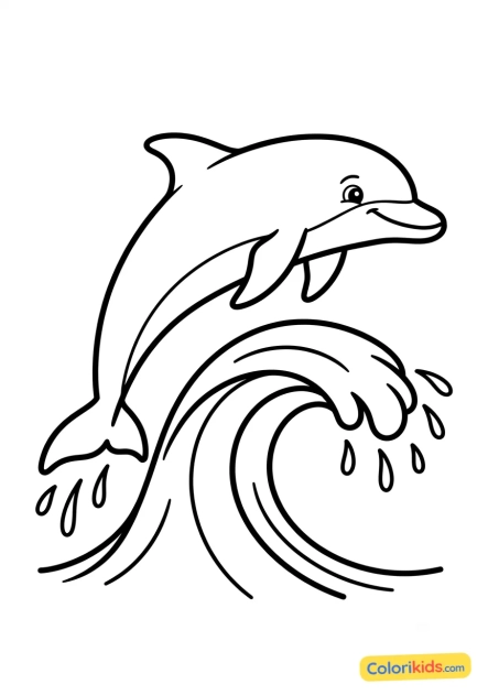 Ausmalbild zum Ausdrucken: delfin springt über eine hohe Welle