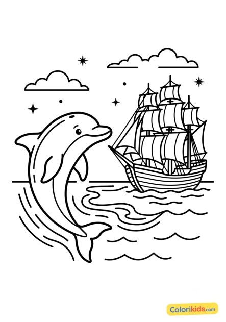 Dibujo para colorear para imprimir: delfín mirando un barco antiguo