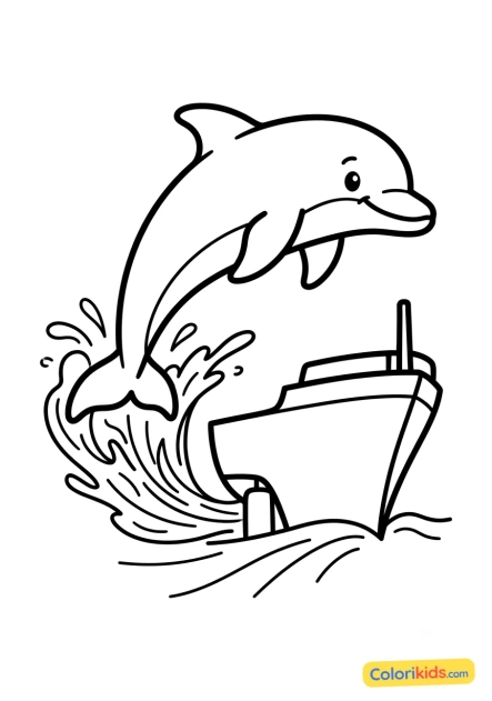 Ausmalbild zum Ausdrucken: delfin spielt im Kielwasser eines Schiffes