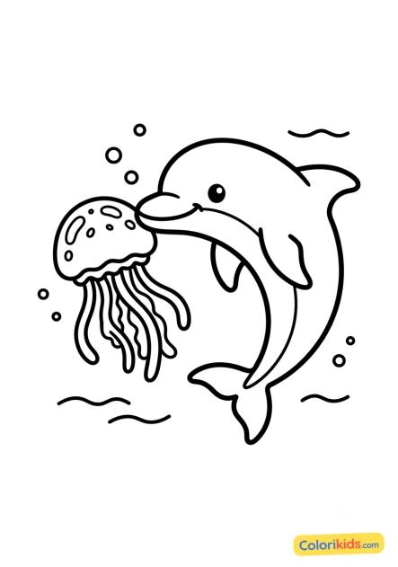 Ausmalbild zum Ausdrucken: delfin spielt mit einer Qualle