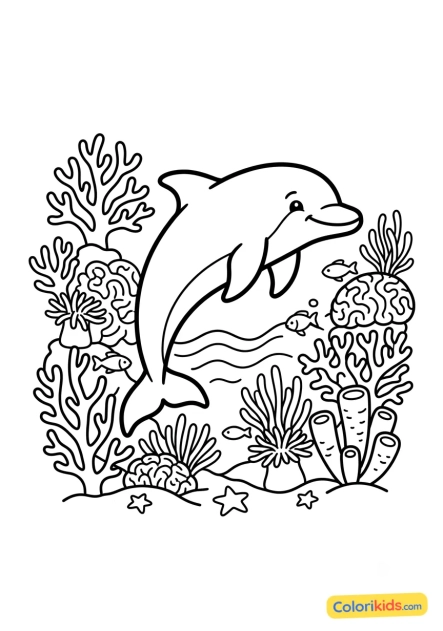 Ausmalbild zum Ausdrucken: delfin umgeben von bunten Korallen