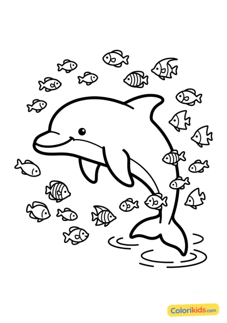 Ausmalbild zum Ausdrucken: delfin umgeben von kleinen tropischen Fischen