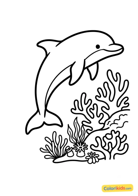Ausmalbild zum Ausdrucken: delfin schwimmt in der Nähe eines Korallenriffs