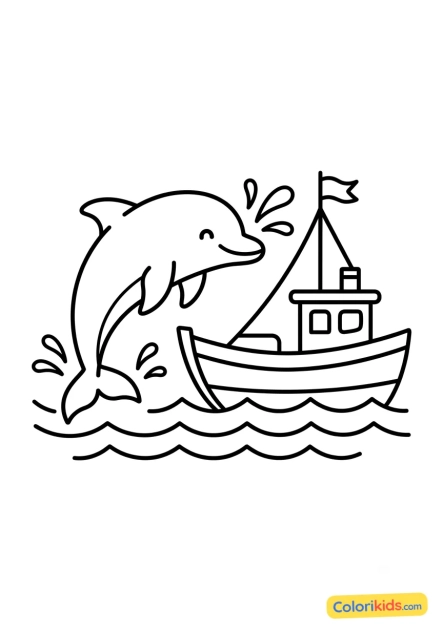 Ausmalbild zum Ausdrucken: delfin schwimmt neben einem Boot