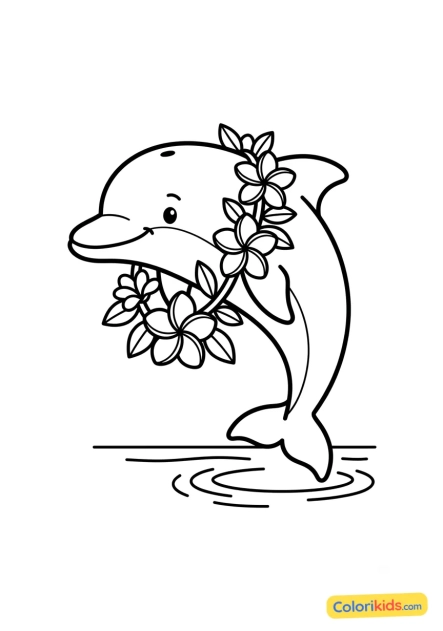 Ausmalbild zum Ausdrucken: delfin mit einem Blumenkranz