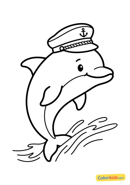 Ausmalbild zum Ausdrucken: delfin mit einem kleinen Matrosenhut