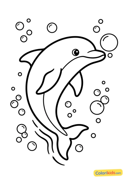 Ausmalbild zum Ausdrucken: delfin mit Blasen um sich herum