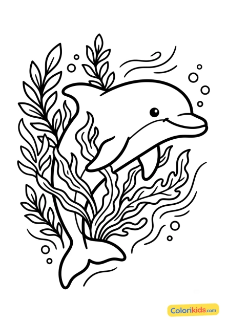 Ausmalbild zum Ausdrucken: delfin mit Meeresalgen
