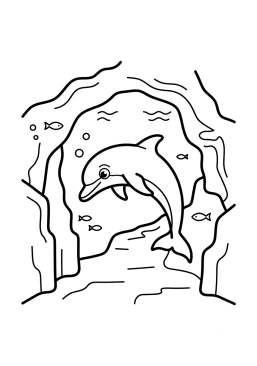 Dibujo para colorear Delfín explorando una cueva submarina