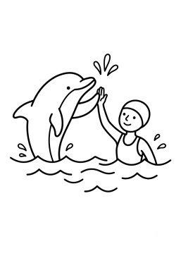 Dibujo para colorear Delfín chocando los cinco con un nadador
