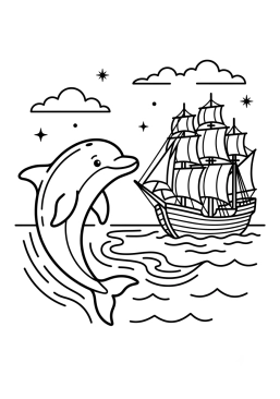 Dibujo para colorear Delfín mirando un barco antiguo