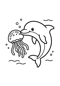 Dibujo para colorear Delfín divirtiéndose con una medusa