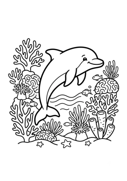 Dibujo para colorear Delfín rodeado de corales coloridos