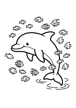 Dibujo para colorear Delfín rodeado de pececillos tropicales