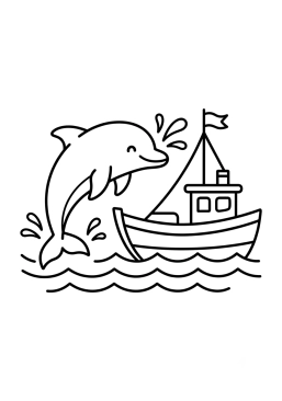 Dibujo para colorear Delfín nadando junto a un barco