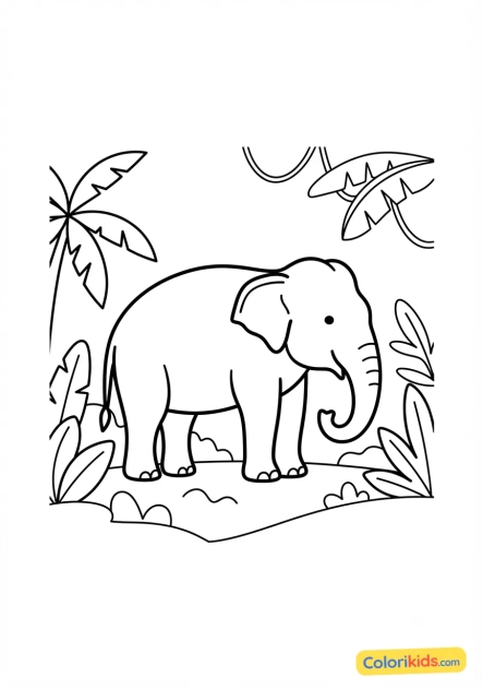 Coloriage à imprimer : Éléphant d'Asie dans la jungle luxuriante