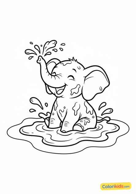Coloriage à imprimer : bébé éléphanteau jouant dans la boue