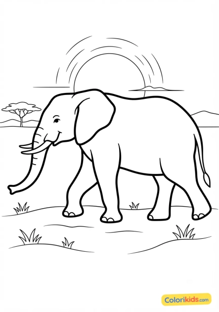 Coloriage à imprimer : grand éléphant marchant au coucher du soleil