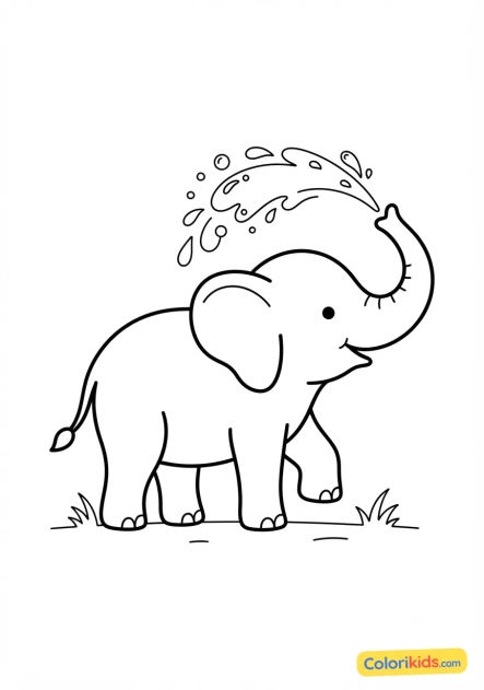 Coloriage à imprimer : Éléphant soufflant de l'eau avec sa trompe