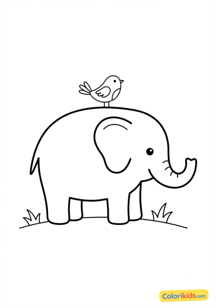 Coloriage à imprimer : Éléphant portant un petit oiseau sur son dos