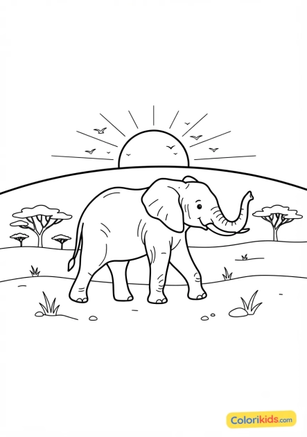 Coloriage à imprimer : Éléphant traversant la savane au crépuscule