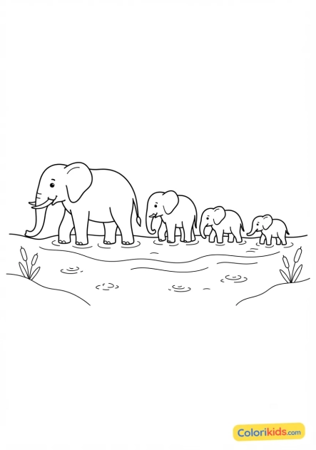 Coloriage à imprimer : famille d'éléphants traversant une rivière