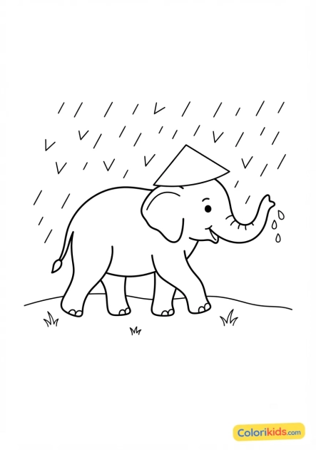 Coloriage à imprimer : Éléphant marchant sous une pluie tropicale