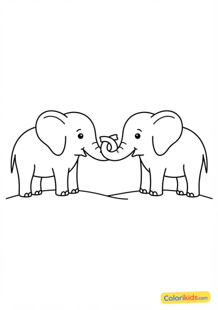 Coloriage à imprimer : Éléphants communiquant avec leurs trompes
