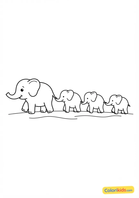 Printable coloring page: elephants walking in single file
