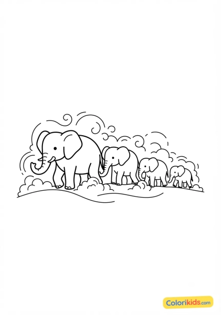 Coloriage à imprimer : troupeau d'éléphants dans la brume matinale