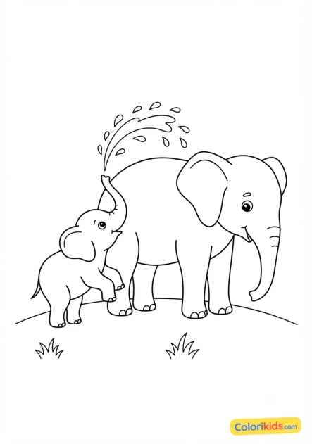 Coloriage à imprimer : Éléphanteau arrosant sa mère avec sa trompe
