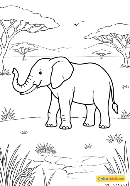 Coloriage à imprimer : Éléphant d'Afrique majestueux dans la savane