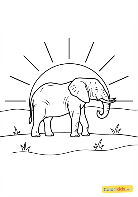 Coloriage à imprimer : Éléphant majestueux sur fond de coucher de soleil rouge