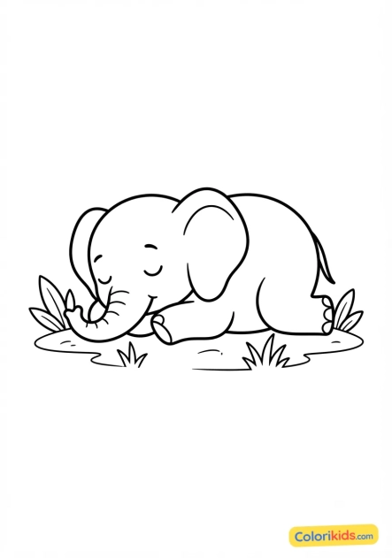 Coloriage à imprimer : Éléphant endormi couché dans l'herbe