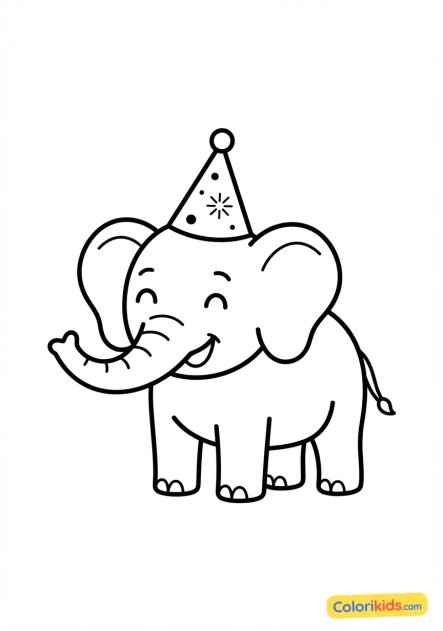 Coloriage à imprimer : Éléphant souriant avec un chapeau de fête
