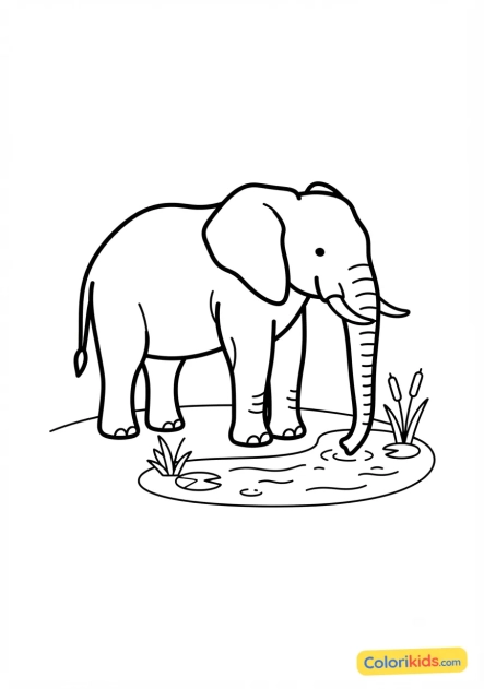 Coloriage à imprimer : Éléphant solitaire près d'un point d'eau