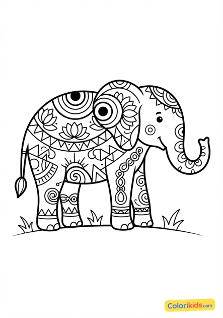 Coloriage à imprimer : Éléphant stylisé avec des motifs tribaux mandalas