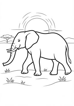 Voir le coloriage Grand éléphant marchant au coucher du soleil