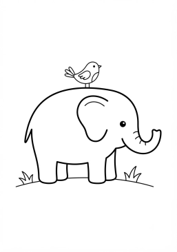 Voir le coloriage Éléphant portant un petit oiseau sur son dos
