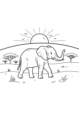 Voir le coloriage Éléphant traversant la savane au crépuscule