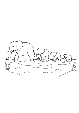 Voir le coloriage Famille d'éléphants traversant une rivière