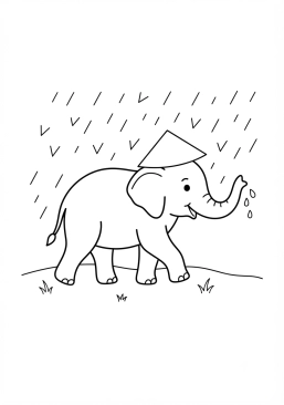 Voir le coloriage Éléphant marchant sous une pluie tropicale