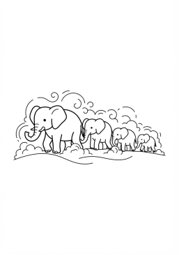Voir le coloriage Troupeau d'éléphants dans la brume matinale