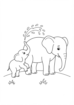 Voir le coloriage Éléphanteau arrosant sa mère avec sa trompe