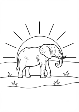 Voir le coloriage Éléphant majestueux sur fond de coucher de soleil rouge