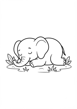 Voir le coloriage Éléphant endormi couché dans l'herbe