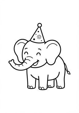 Voir le coloriage Éléphant souriant avec un chapeau de fête